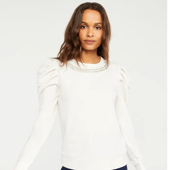 Ann Taylor Tops - Ann Taylor Embellished Puff Sleeve Sweatshirt Women’s M White Holiday Party